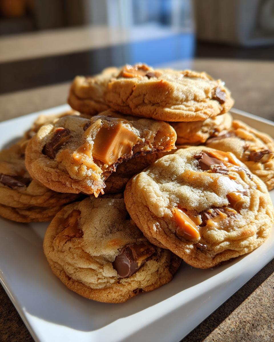 A stack of freshly baked Halloween Candy Cookies, loaded with chunks of caramel and chocolate.