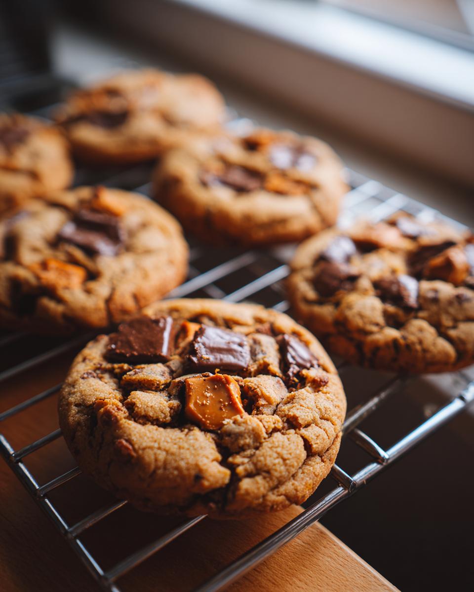 Close-up of freshly baked Halloween Candy Cookies loaded with chocolate chunks and caramel pieces, cooling on a wire rack.
