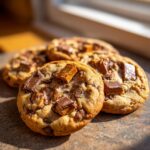 Close-up of several chewy Halloween Candy Cookies loaded with chunks of chocolate and caramel.