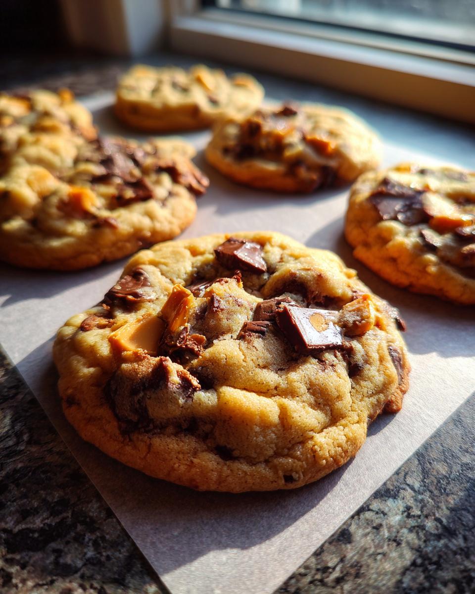 Close-up of freshly baked Halloween Candy Cookies loaded with chocolate chunks and caramel pieces.
