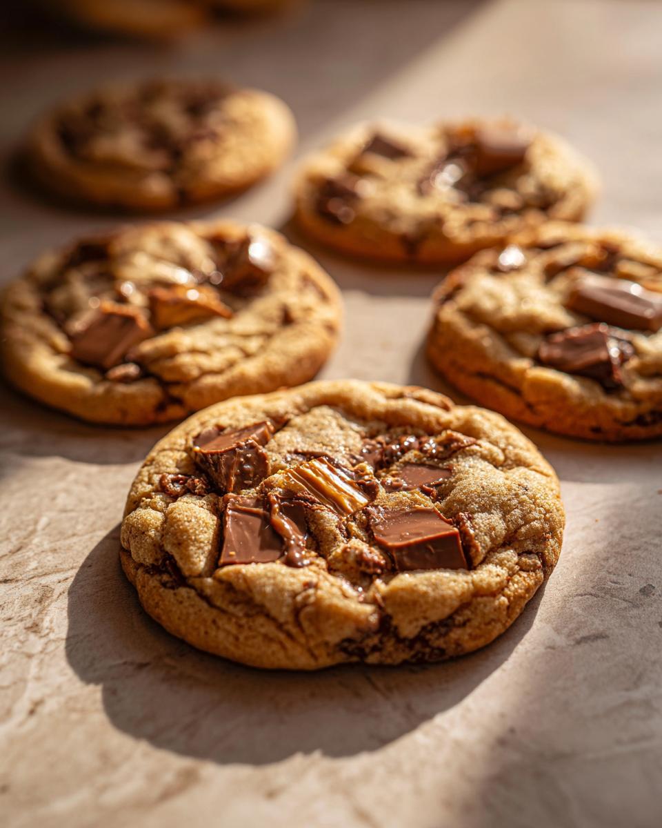 Close-up of a chewy Halloween Candy Cookie loaded with chunks of chocolate candy.