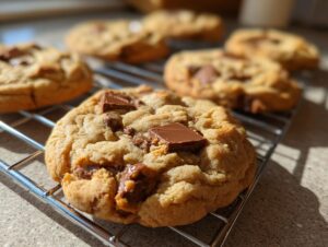 Close-up of freshly baked Halloween Candy Cookies loaded with chunks of chocolate on a cooling rack.