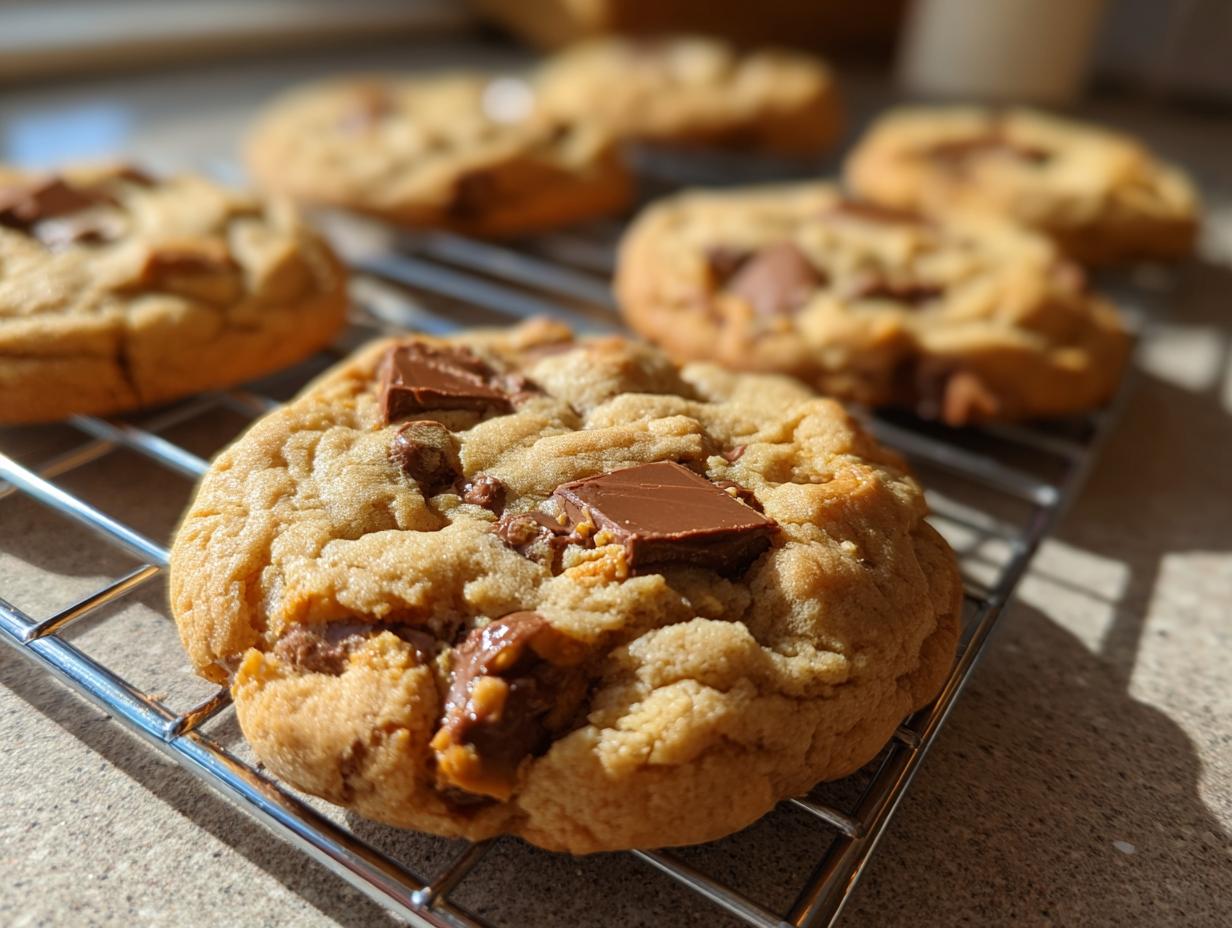Close-up of freshly baked Halloween Candy Cookies loaded with chunks of chocolate on a cooling rack.