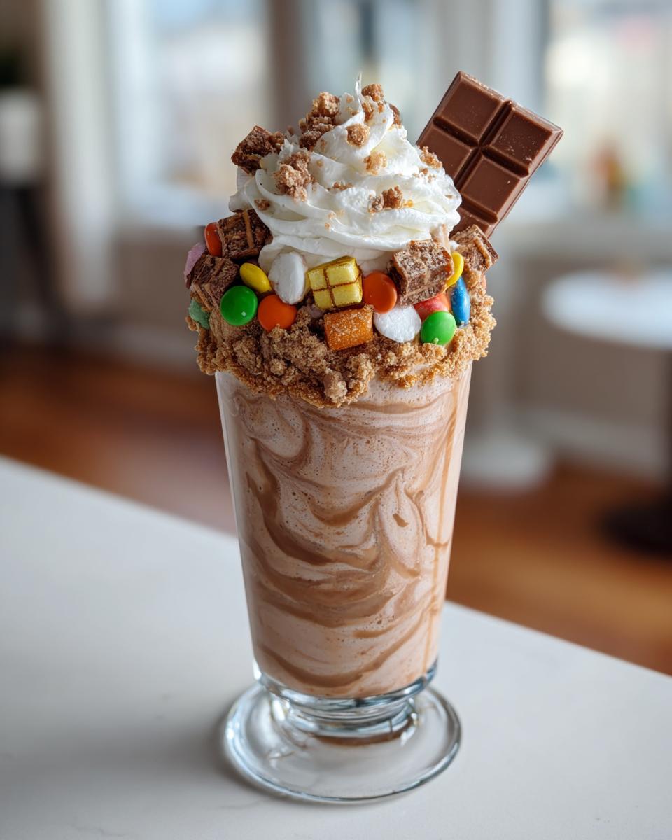 A tall glass filled with a swirled chocolate Halloween Candy Milkshake, topped with whipped cream, chocolate chunks, and colorful candies.