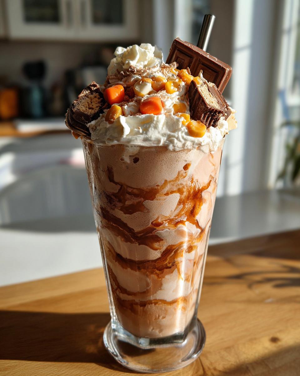 A tall glass filled with a chocolate Halloween Candy Milkshake, topped with whipped cream, candy pieces, and chocolate bars.