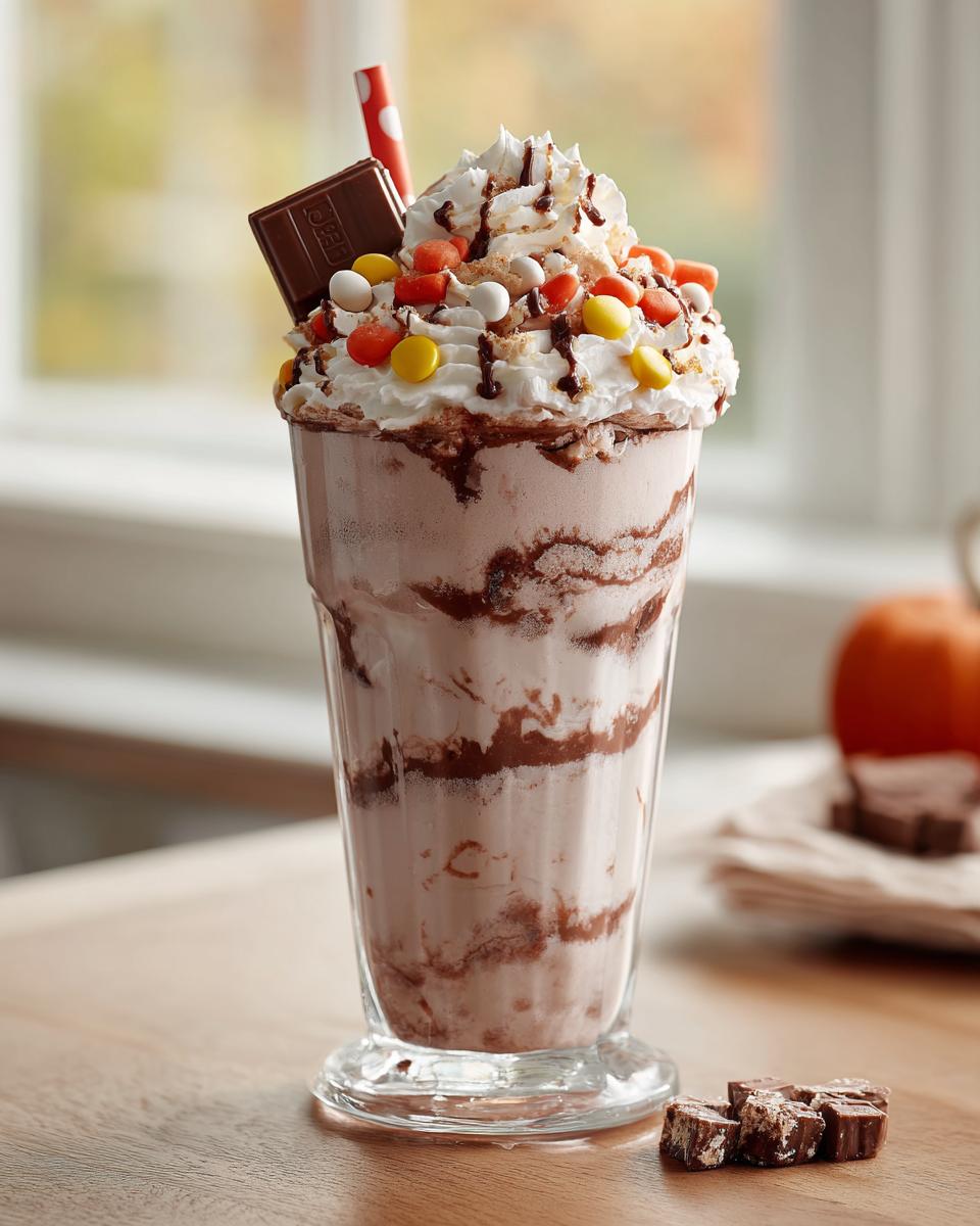 A festive Halloween Candy Milkshake topped with whipped cream, chocolate drizzle, candy corn, and a chocolate bar.