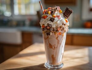 A decadent Halloween Candy Milkshake piled high with whipped cream, candy corn, marshmallows, chocolate, and a straw.