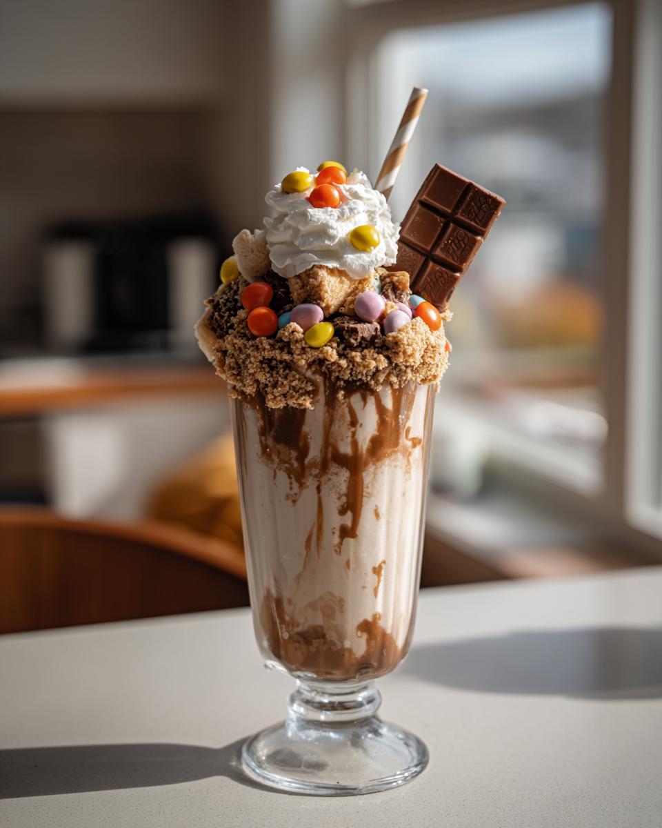 A decadent Halloween Candy Milkshake topped with whipped cream, chocolate, candies, and cookie crumbs.