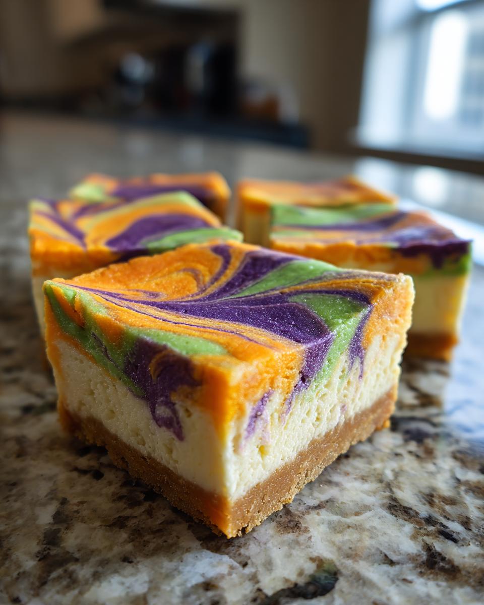 Close-up of Halloween Cheesecake Bars with purple, green, and orange swirls on a graham cracker crust.