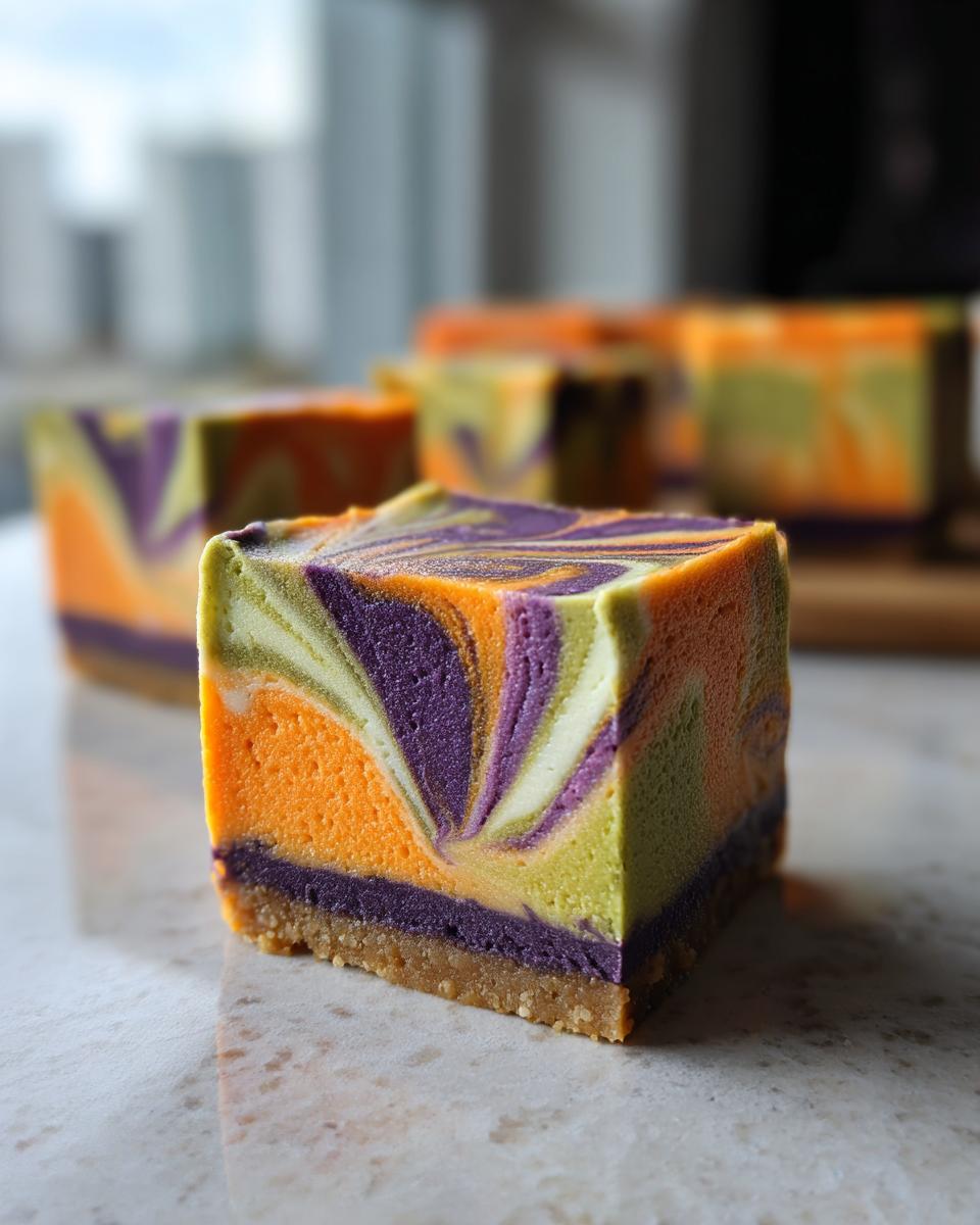 Close-up of a Halloween Cheesecake Bar with vibrant orange, purple, and green swirls on a marble surface.