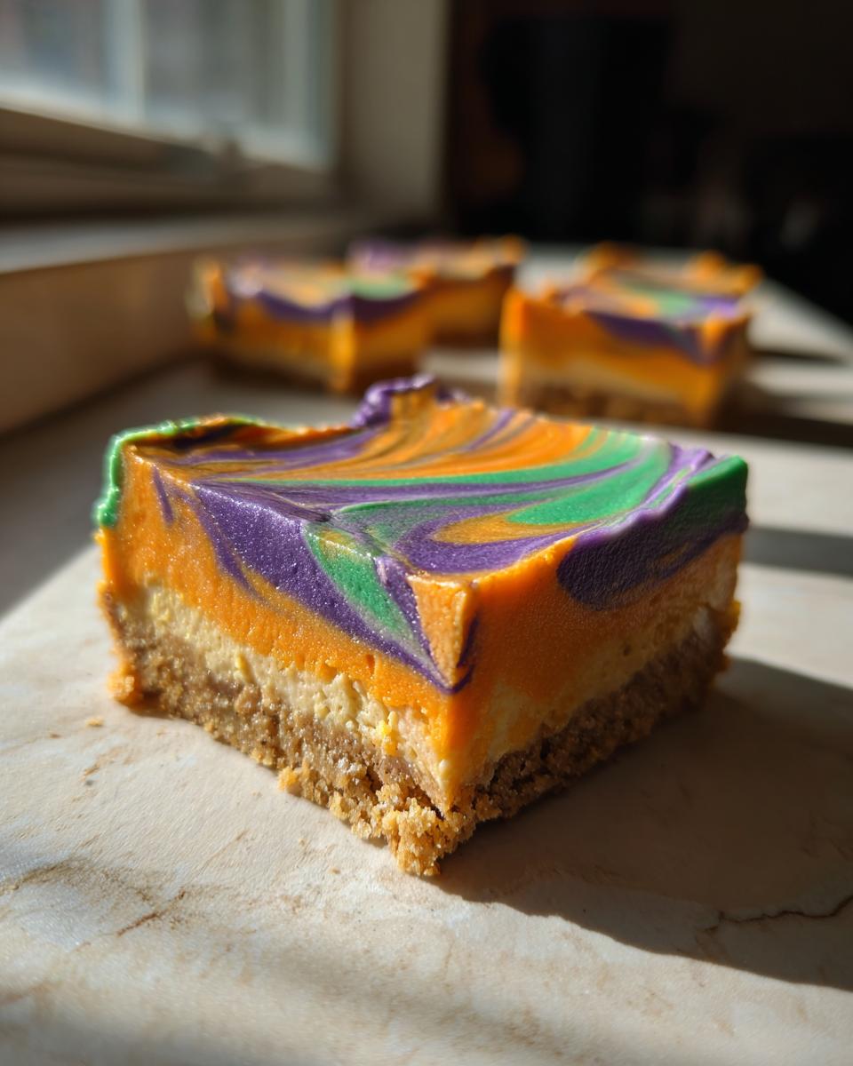 Close-up of a Halloween Cheesecake Bar with purple, orange, and green swirls on a graham cracker crust.