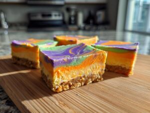 Close-up of several Halloween Cheesecake Bars with a swirled purple, orange, and green topping on a wooden cutting board.