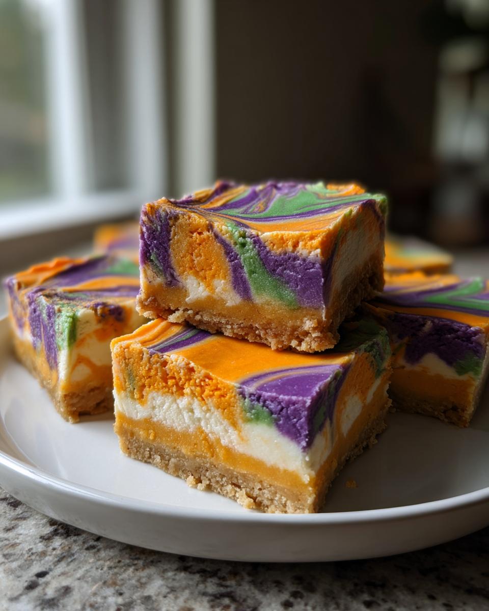 Close-up of Halloween Cheesecake Bars with purple, orange, and green swirls on a white plate.