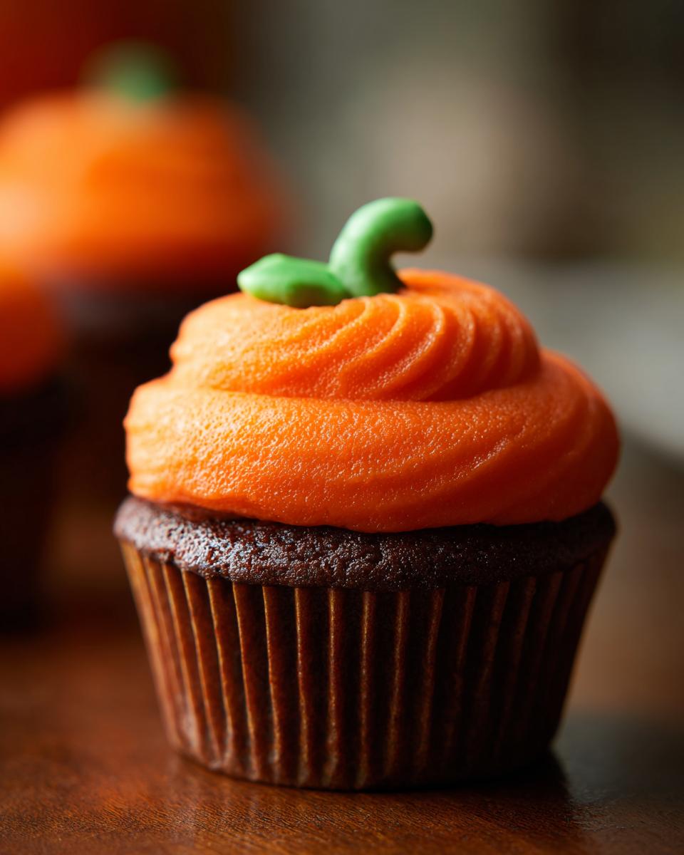 Close-up of a chocolate Halloween cupcake topped with bright orange frosting and a green stem, resembling a pumpkin.