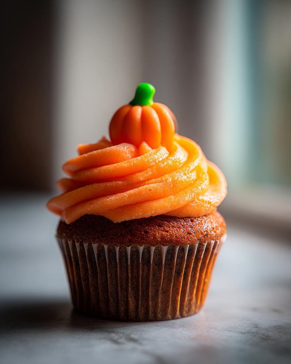 A single Halloween cupcake topped with vibrant orange frosting and a small fondant pumpkin decoration.