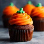 Close-up of a chocolate Halloween cupcake topped with vibrant orange frosting and a green stem, resembling a pumpkin.