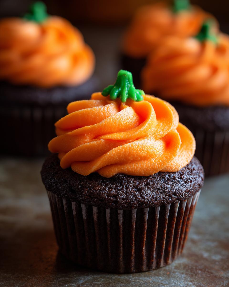 Close-up of a delicious Halloween cupcake with rich chocolate cake and bright orange pumpkin-shaped frosting, topped with a green stem.