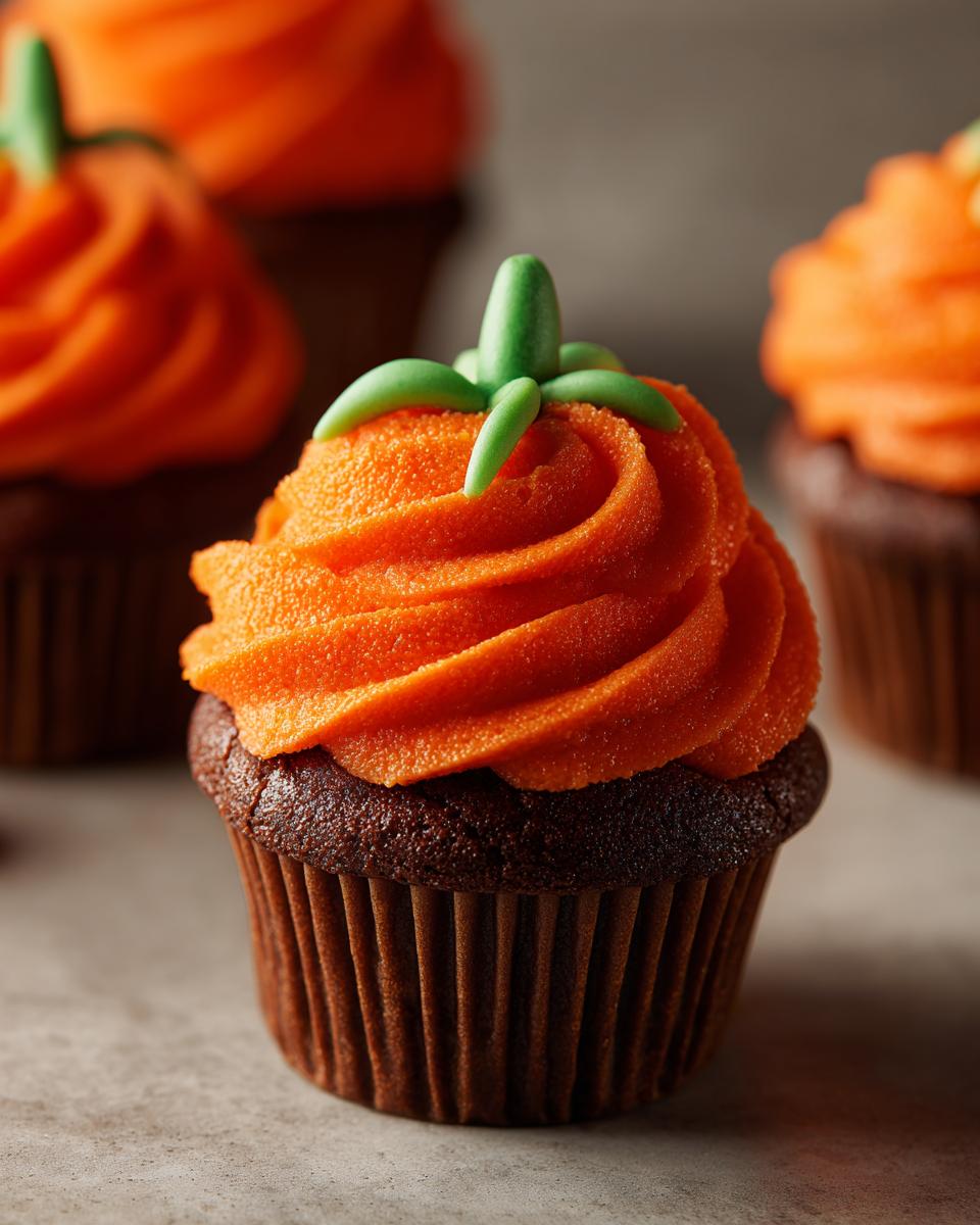Close-up of a chocolate Halloween cupcake topped with bright orange frosting and green fondant stem, resembling a pumpkin.