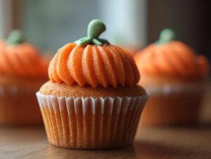 Close-up of a festive Halloween cupcake decorated with orange frosting resembling a pumpkin, with a green stem.