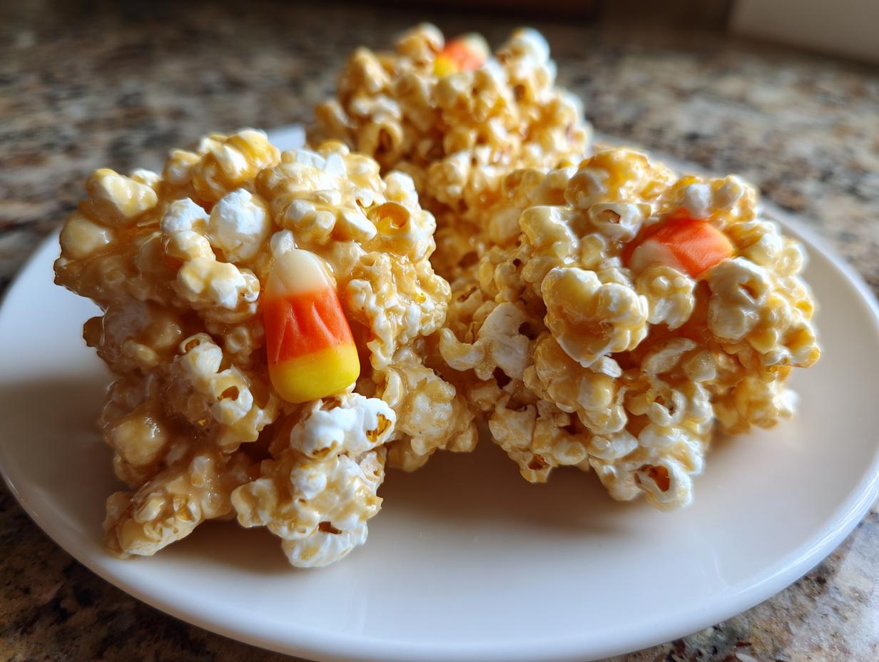 Close-up of three homemade Halloween Popcorn Balls decorated with candy corn on a white plate.