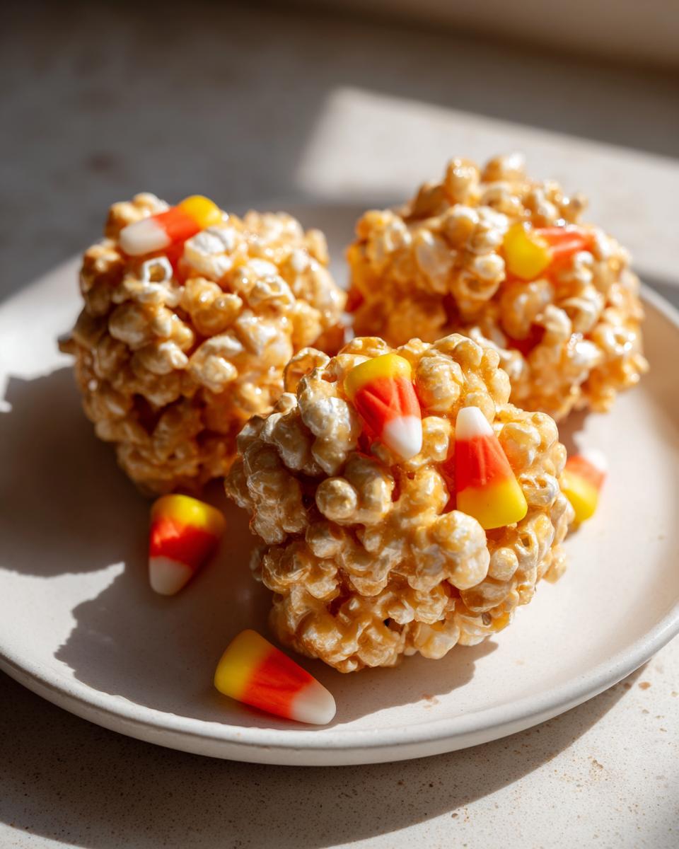 Close-up of three Halloween Popcorn Balls decorated with candy corn on a white plate.