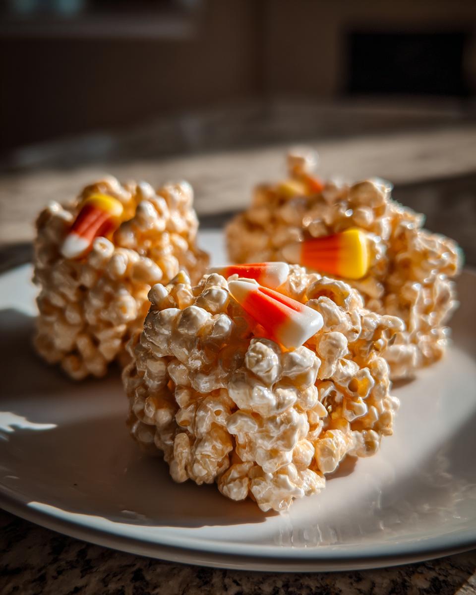 Three homemade Halloween Popcorn Balls decorated with candy corn on a white plate.