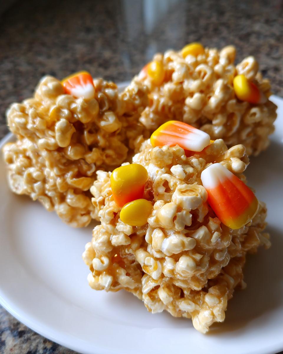 Close-up of three homemade Halloween Popcorn Balls decorated with candy corn on a white plate.