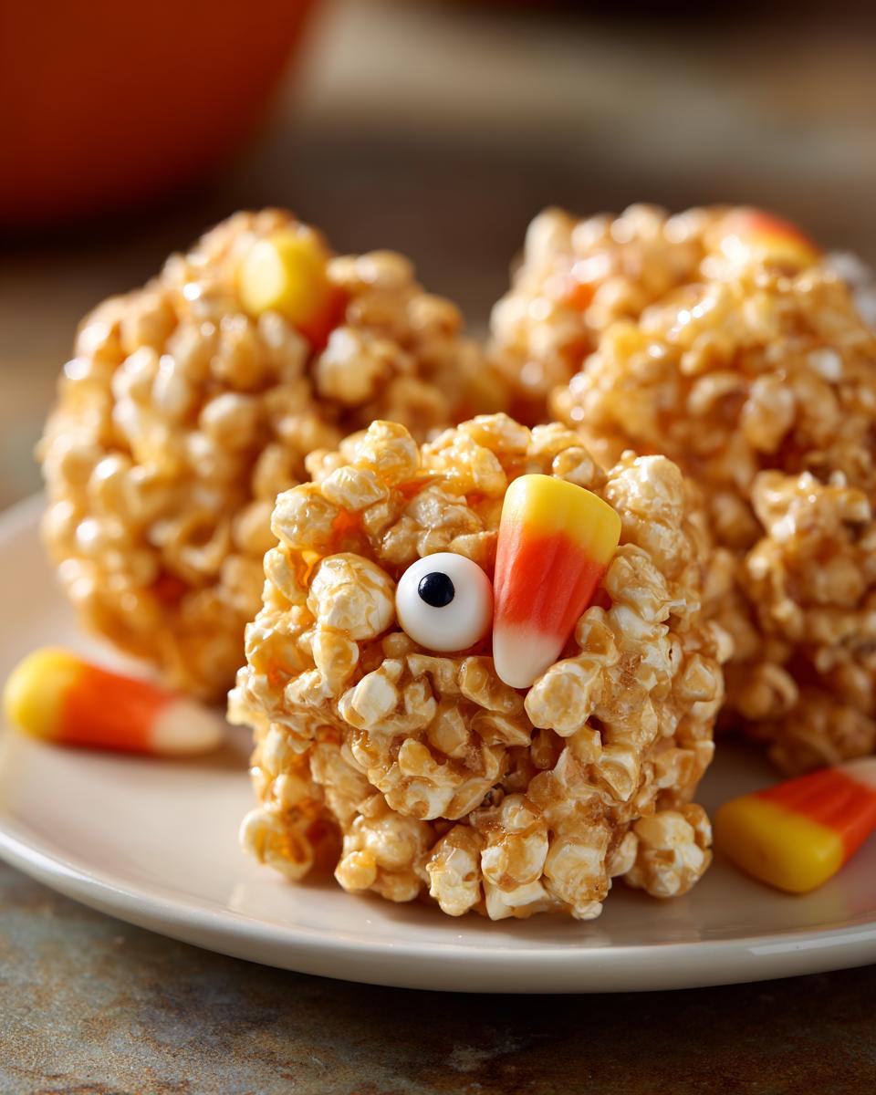 A close-up of a cute monster-shaped Halloween Popcorn Ball with candy corn and a candy eye.