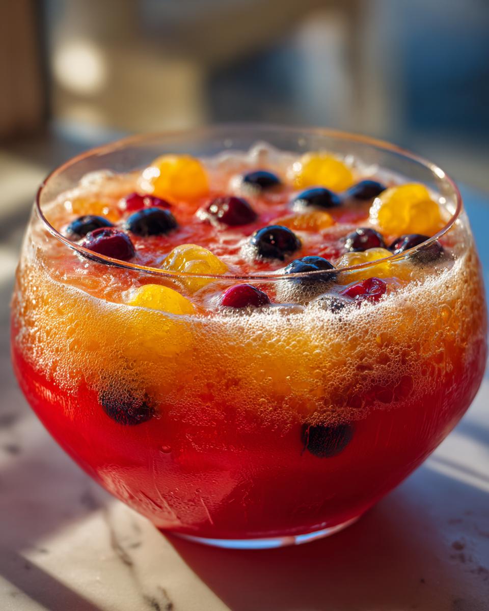A close-up of a glass bowl filled with vibrant red and orange Halloween Punch, garnished with blueberries, cranberries, and orange segments.