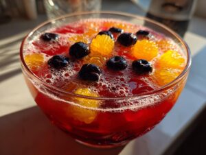 A close-up of a vibrant red Halloween Punch in a glass bowl, garnished with blueberries and orange segments.