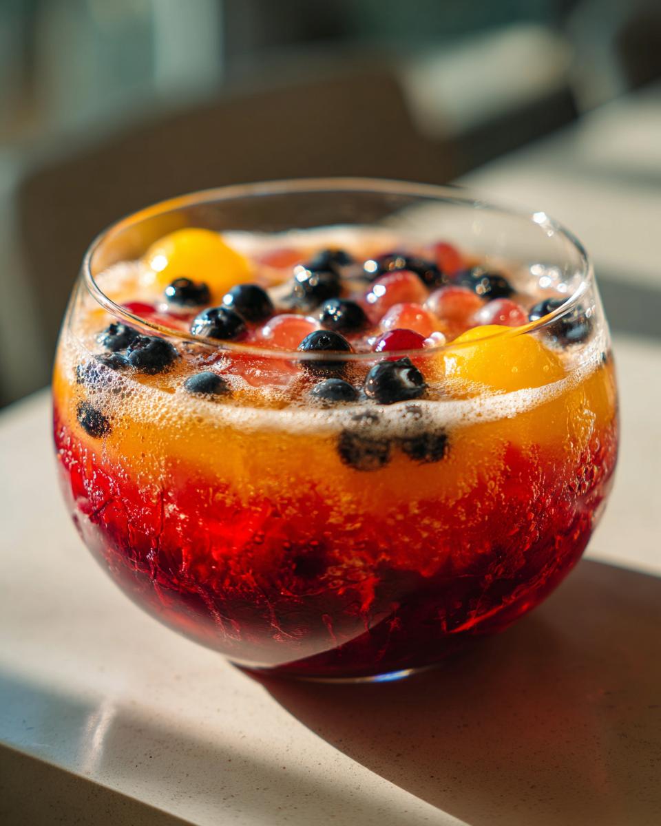 A close-up of a Halloween Punch with layers of red and orange liquid, topped with blueberries, grapes, and orange slices.