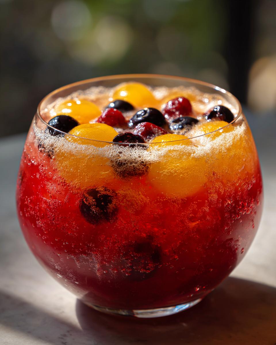 A close-up of a festive Halloween Punch in a glass, layered with red liquid, topped with orange slices, blueberries, and cranberries.