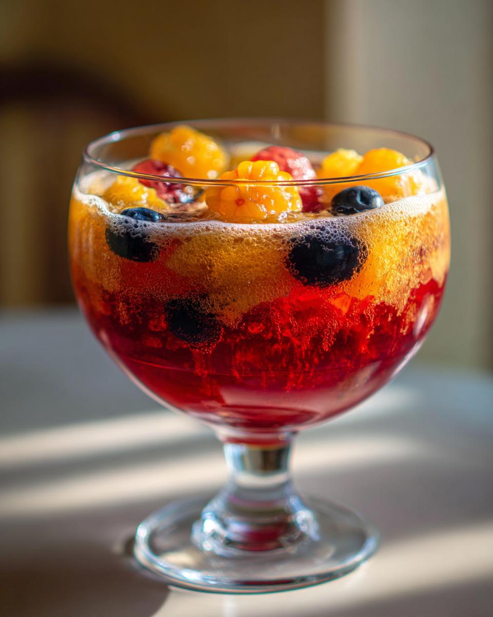 A close-up of a festive Halloween Punch in a glass goblet, filled with red liquid, bubbles, blueberries, and orange berries.