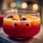 A festive Halloween Punch in a glass bowl, featuring layers of red and orange liquids, topped with blueberries, orange slices, and gummy worms, with candy eyes.
