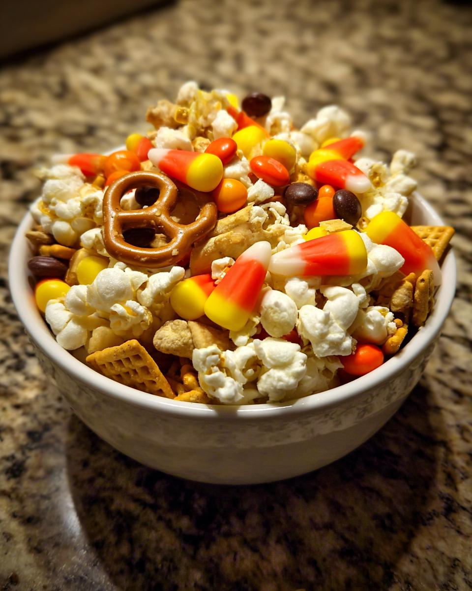 A white bowl filled with a delicious Halloween Snack Mix featuring popcorn, pretzels, candy corn, and Reese's Pieces.
