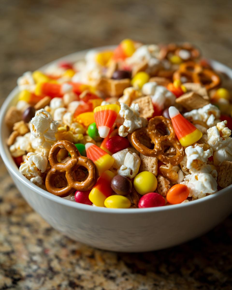 A white bowl filled with a colorful Halloween Snack Mix featuring candy corn, pretzels, popcorn, and M&Ms.