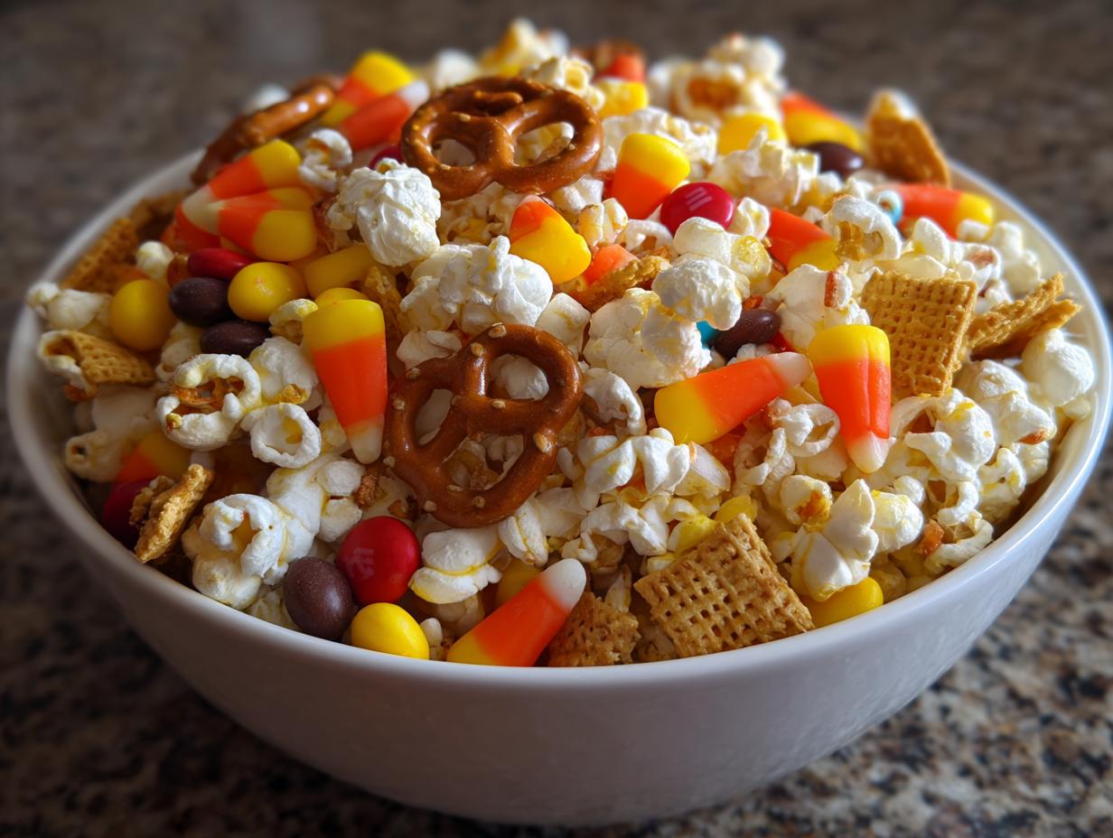 A white bowl overflowing with a festive Halloween Snack Mix, featuring popcorn, pretzels, candy corn, and M&Ms.