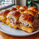 Close-up of delicious ham and cheese sliders with melted cheddar cheese and a savory glaze.