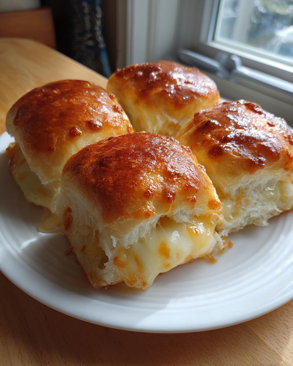 Four golden-brown ham and cheese sliders on a white plate, with gooey melted cheese oozing out.