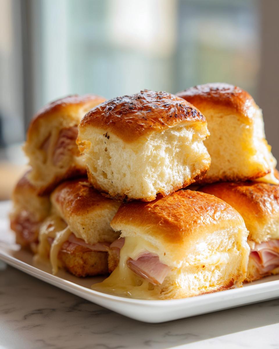 A stack of golden-brown ham and cheese sliders with melted cheese oozing out.