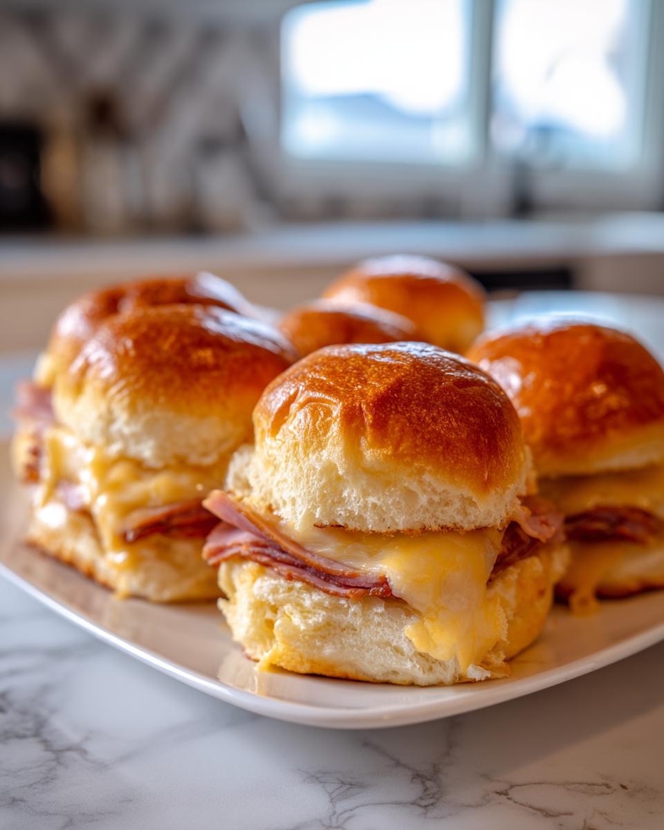 Close-up of delicious ham and cheese sliders with melted cheese oozing out.
