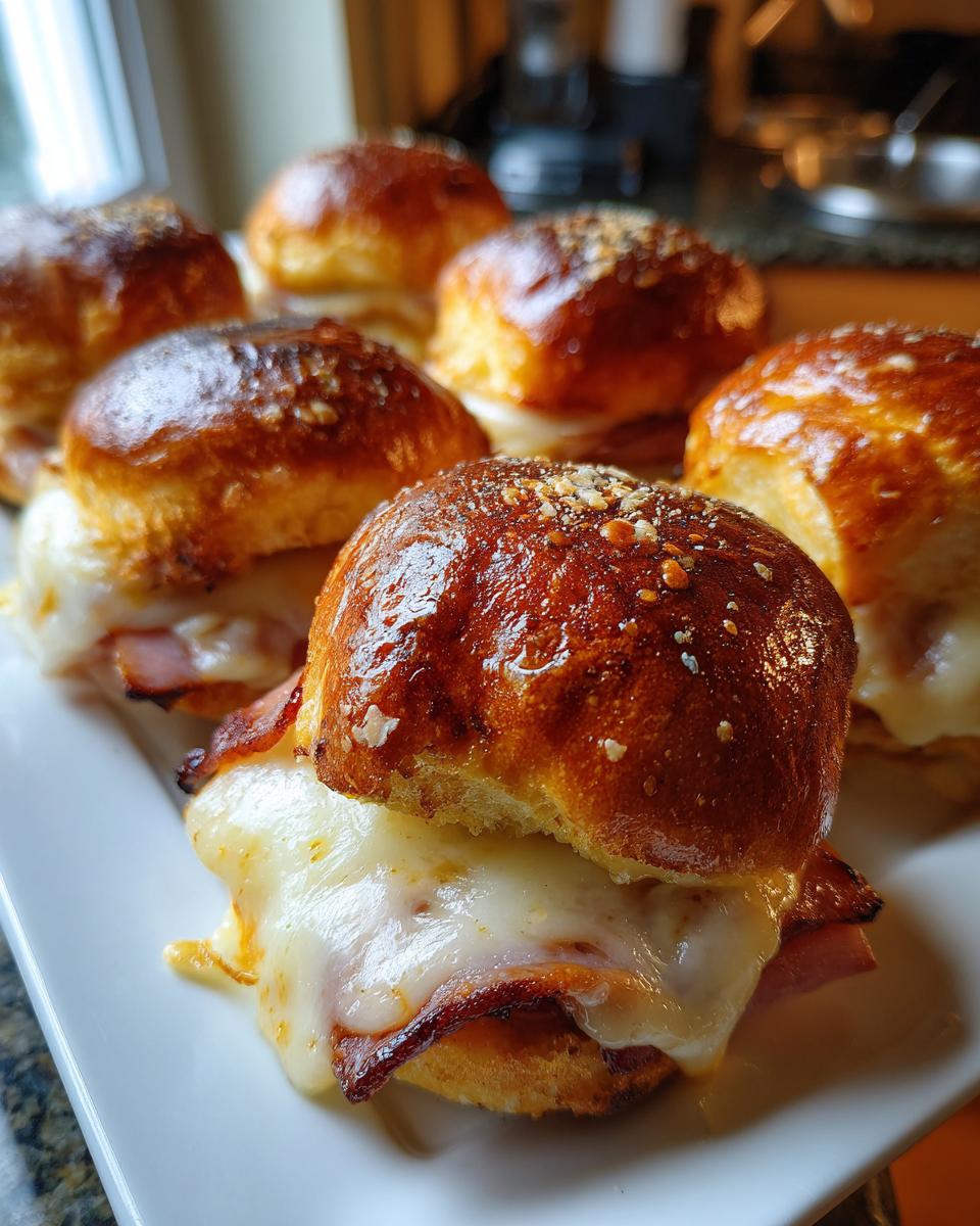 Close-up of golden-brown ham and cheese sliders with melted cheese and a sprinkle of seasoning on top.