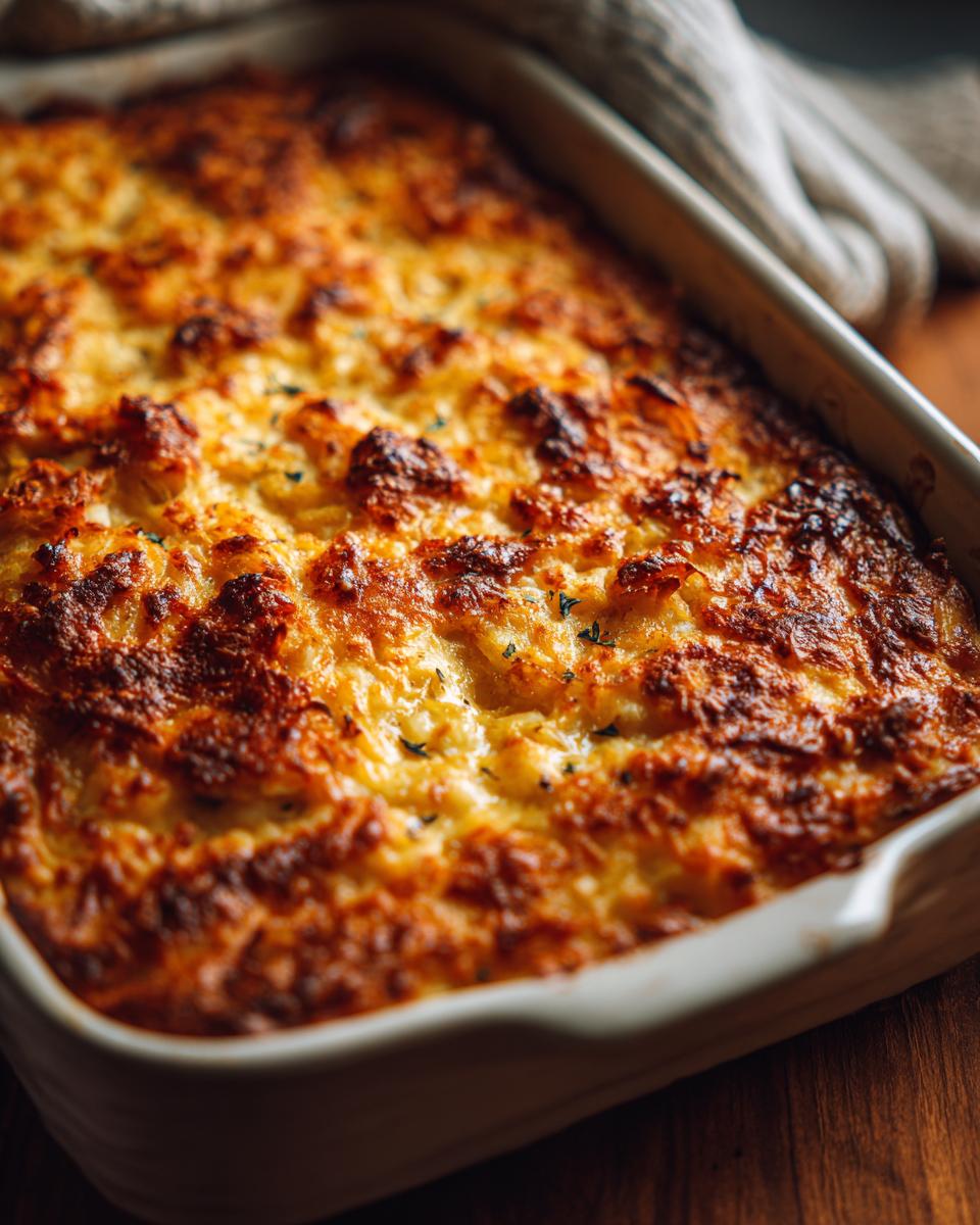 Close-up of a golden-brown baked hash brown casserole in a white baking dish, with visible herbs.