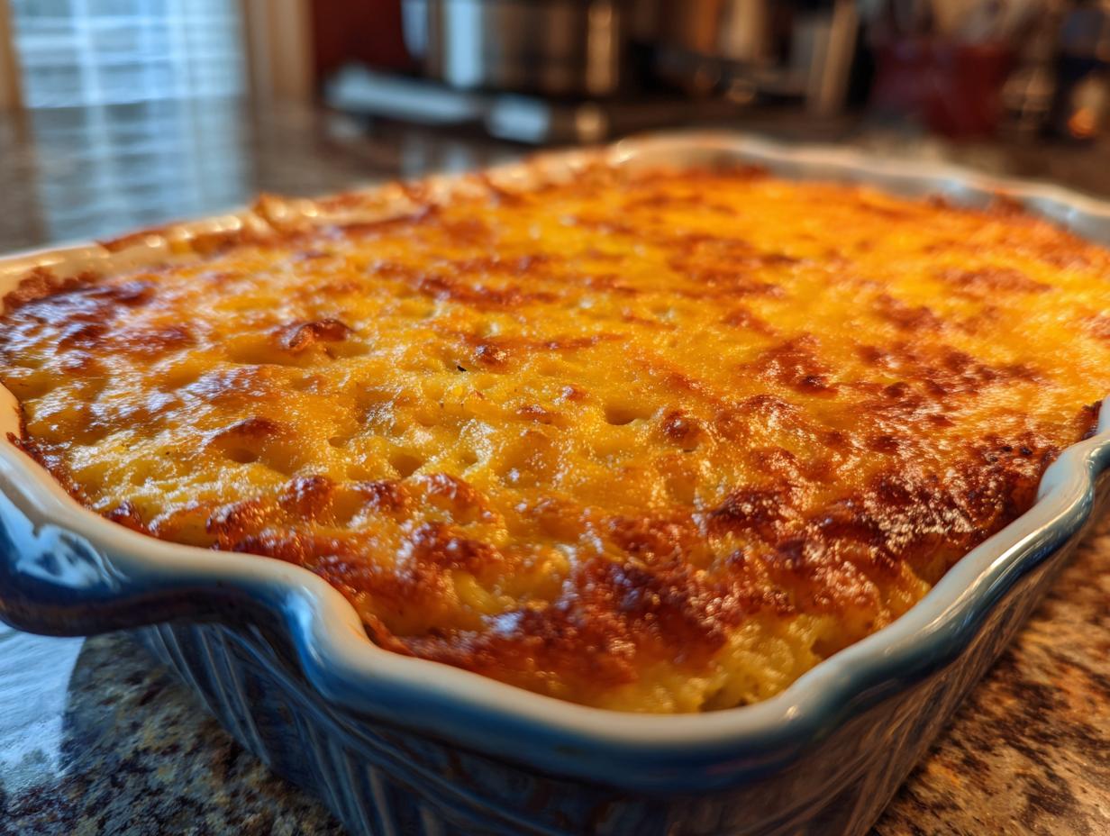 A golden-brown, bubbly hash brown casserole baked to perfection in a blue ceramic dish.