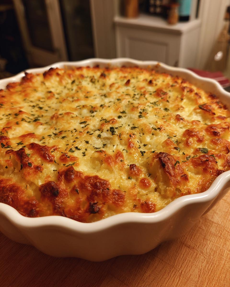 A close-up of a golden-brown hash brown casserole topped with melted cheese and herbs in a white baking dish.