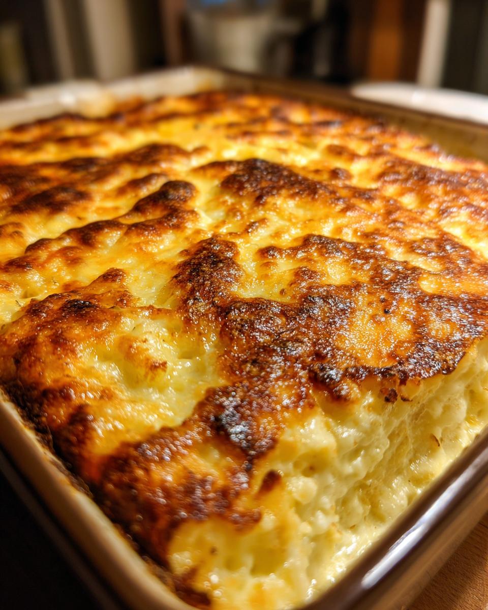 Close-up of a freshly baked hash brown casserole with a golden-brown, bubbly cheese topping.