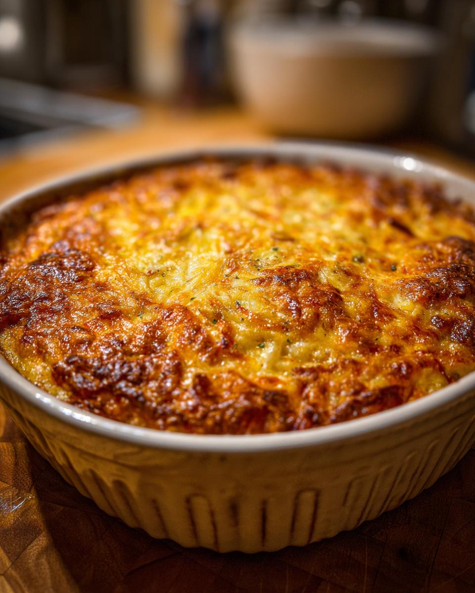 Close-up of a golden brown, bubbling hash brown casserole baked in a cream-colored dish.