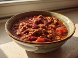 A close-up shot of a bowl filled with hearty beef chili, featuring ground beef, kidney beans, and tomatoes.