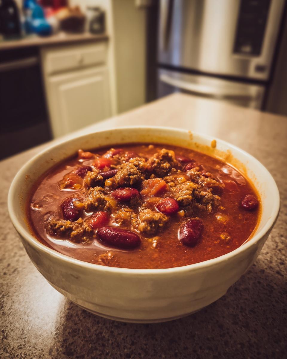 A close-up of a steaming bowl of Hearty Beef Chili with kidney beans and ground beef.