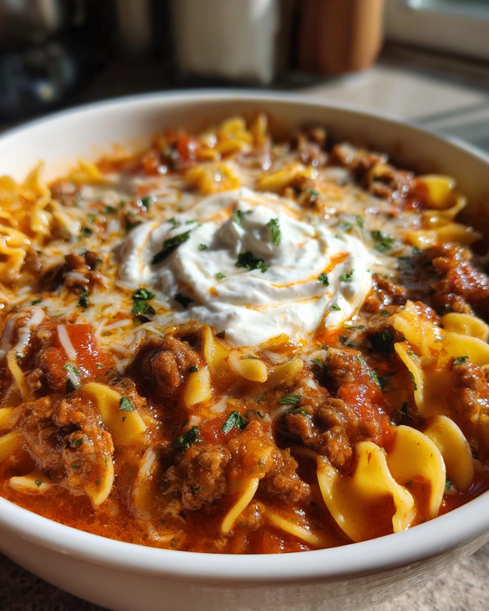A close-up of a bowl of hearty Lasagna Soup, featuring noodles, seasoned ground meat, and a dollop of sour cream.